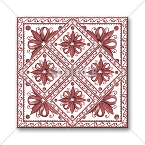 May include: A square tile with a repeating pattern of red floral designs and white dots. The tile has a white background and a red border with a wavy design.