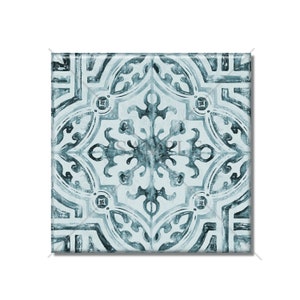 May include: A blue and white tile with a geometric pattern. The tile has a distressed look, as if it has been aged. The pattern is made up of repeating shapes and lines.