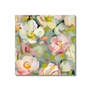 May include: Abstract painting of a floral bouquet with pink, white, and yellow flowers on a green background.