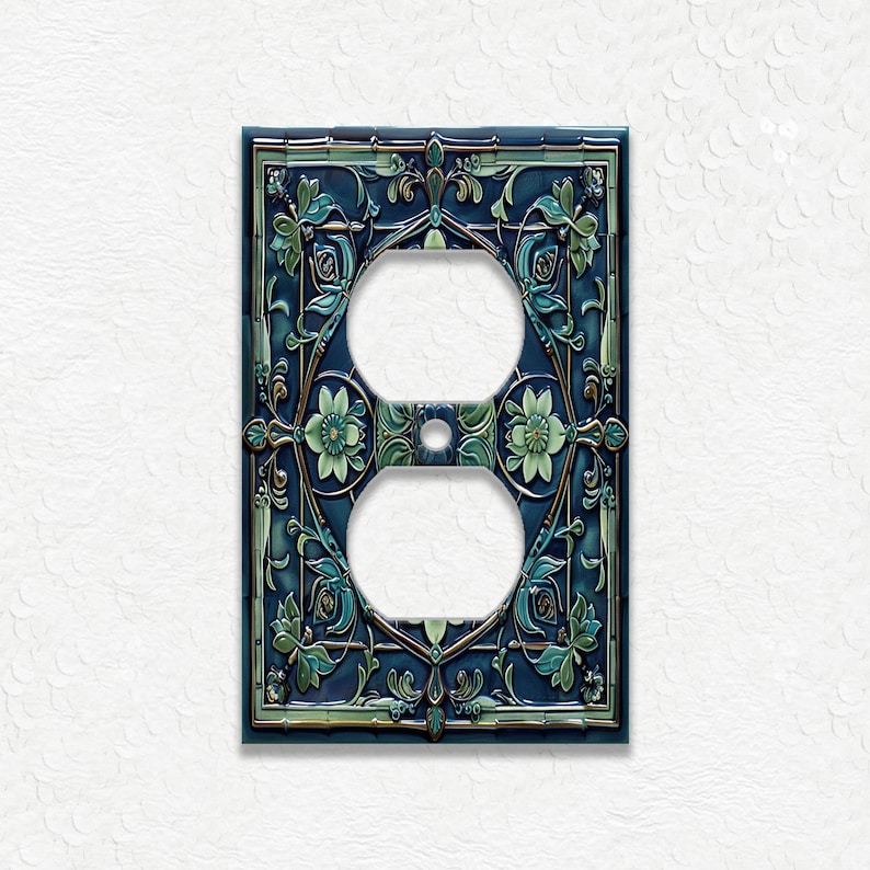 Blue And Green Vintage Art Nouveau Design Metal Light Switch Plate Covers And Outlet Covers - Antique Design Decor - Art Nouveau Home Decor Outlet Cover