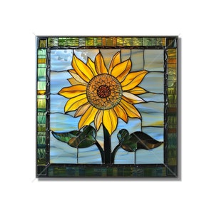 May include: A stained glass window depicting a yellow sunflower with green leaves against a blue and white background.