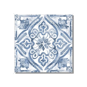 May include: A blue and white patterned tile with a geometric design. The tile has a distressed look, as if it has been aged.