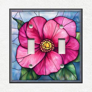 Stained Glass Flower Design Home Decor Pink Flower Metal Light Switch Plate Cover - Decorative Art Switch Plates Outlet Covers Free Shipping