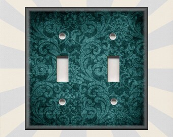 Vintage Aged Damask Home Decor Dark Teal - Metal Light Switch Plate Cover - Switch Plates And Outlet Covers Triples - Free Shipping