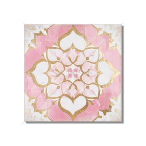 May include: Pink and gold mandala design on a white canvas. The mandala features intricate details and a symmetrical pattern.