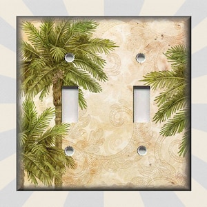 May include: A light switch cover with a tropical palm tree design. The background is a beige color with a floral pattern.