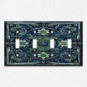 Blue And Green Vintage Art Nouveau Design Metal Light Switch Plate Covers And Outlet Covers - Antique Design Decor - Art Nouveau Home Decor Quadruple Toggle