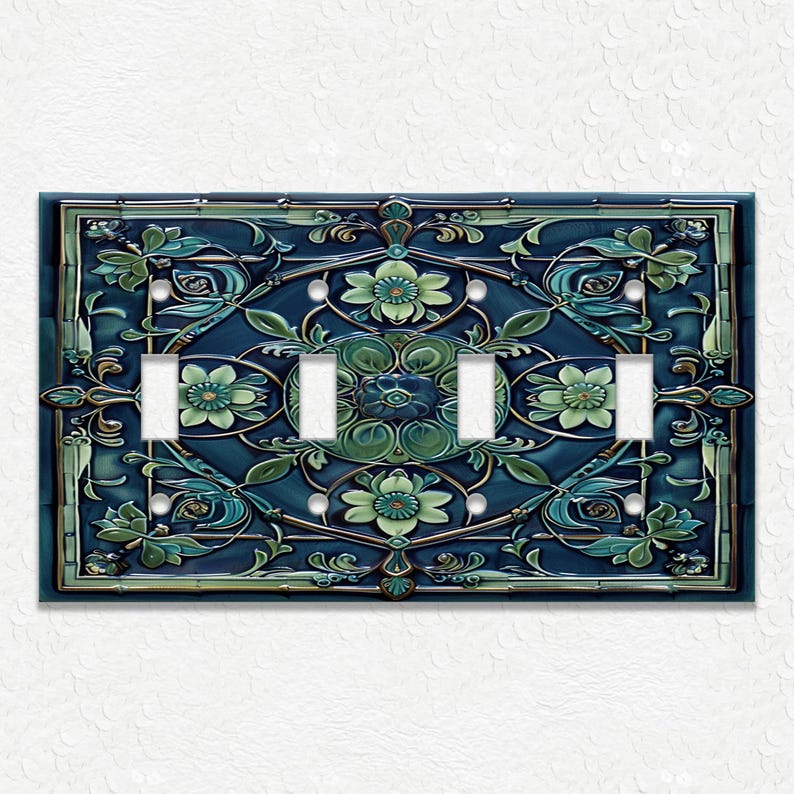 Blue And Green Vintage Art Nouveau Design Metal Light Switch Plate Covers And Outlet Covers - Antique Design Decor - Art Nouveau Home Decor Quadruple Toggle
