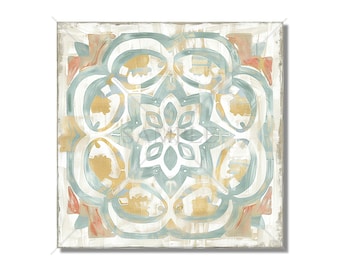 May include: A square canvas painting with a geometric pattern in shades of blue, green, and beige. The pattern is reminiscent of a tile design.