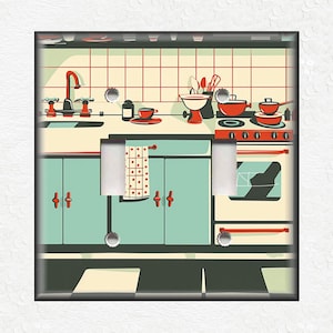 May include: A light blue and white kitchen with red accents. The kitchen features a stove, cabinets, a sink, and a towel hanging on a cabinet door. There are red and white dishes on the counter.