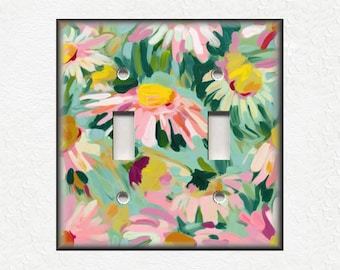 Cottage Decor Painted Modern Floral Print Design Metal Light Switch Covers And Outlet Covers - Pink And Green Home Decor - Luna Gallery