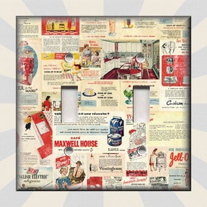 May include: A vintage-style light switch cover featuring a collage of 1950s advertisements. The collage includes ads for Maxwell House coffee, Jell-O, Dow, and Westinghouse appliances. The background is a red, white, and blue color scheme.