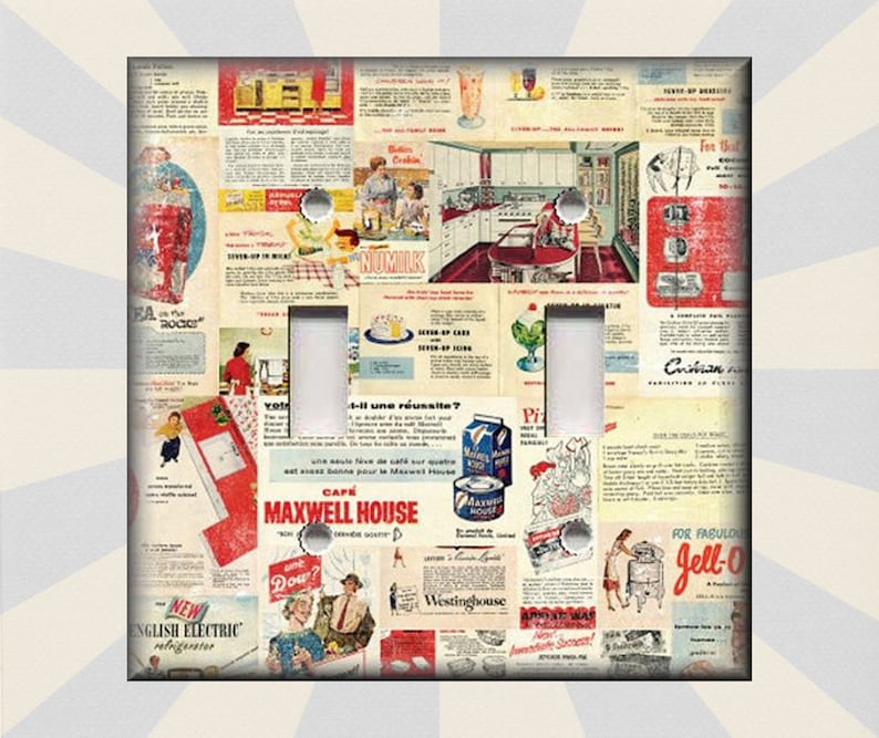 May include: A vintage-style light switch cover featuring a collage of 1950s advertisements. The collage includes ads for Maxwell House coffee, Jell-O, Dow, and Westinghouse appliances. The background is a red, white, and blue color scheme.