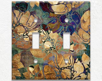 Abstract Art Decor Blue Brown Floral Home Decor - Metal Light Switch Plate Cover - Wallplates Outlets Rocker Triple Double - Free Shipping