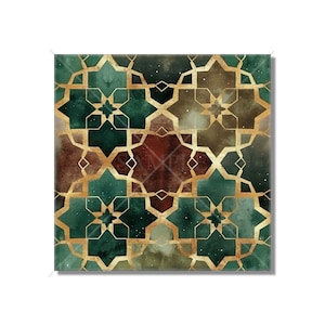 May include: A square canvas print with a geometric pattern of gold stars on a green and brown background.