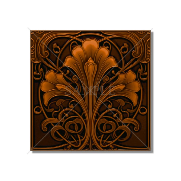 Ceramic Tile Kitchen Backsplash Tile - Dark Brown Vintage Art Nouveau Design Bathroom Tile - Antique Reproduction Tile - Fireplace Tile