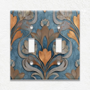 Blue and Copper Vintage Floral Art Nouveau Metal Light Switch Covers & Outlet Covers, Wall Plates, Receptacle Covers, Duplex Covers