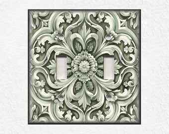 Green Sage Antique Medallion Switch Plate Covers And Outlet Covers - Unique Green Switch Plate Covers And Outlet Covers - Green Wall Plates