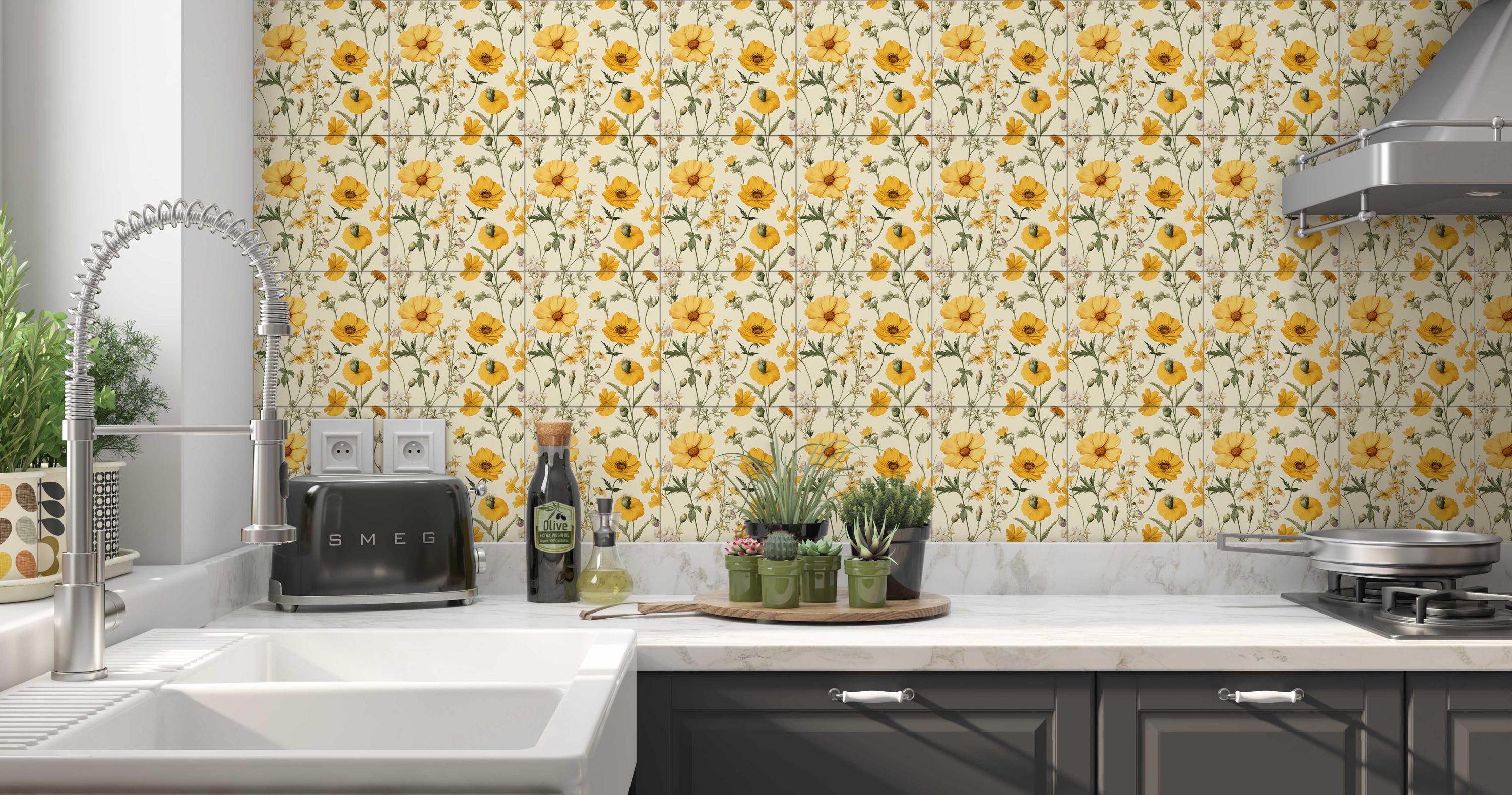 Botanical Floral Ceramic Tile - Kitchen Backsplash Tile - Bathroom