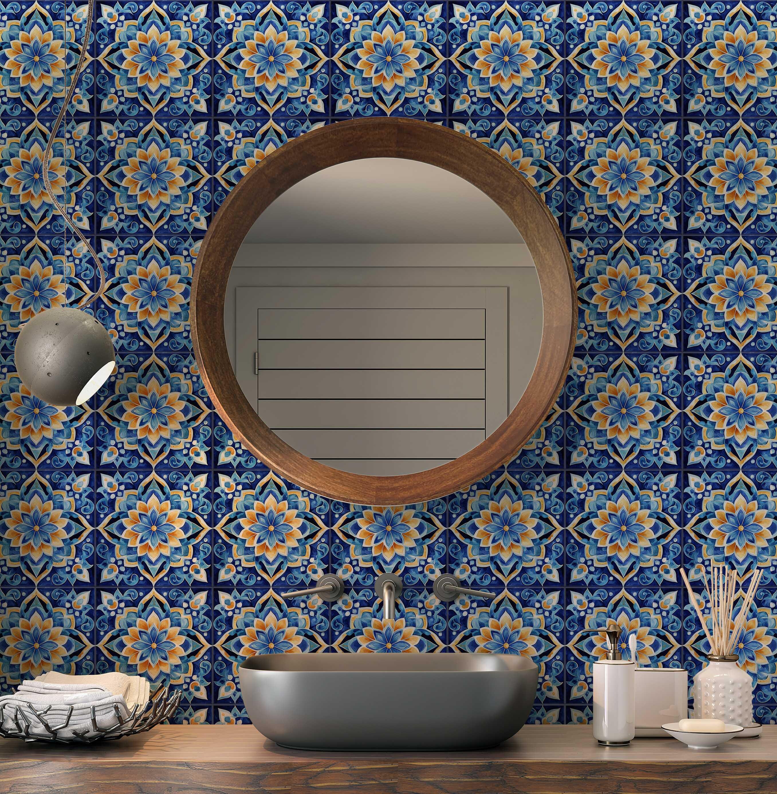 Blue and Yellow Patterned Ceramic Tile Unique Decorative Kitchen ...