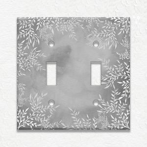 Metal Light Switch Plate Cover Watercolor Art Decor White Floral Framed Design Grey Switch Plates And Outlet Covers