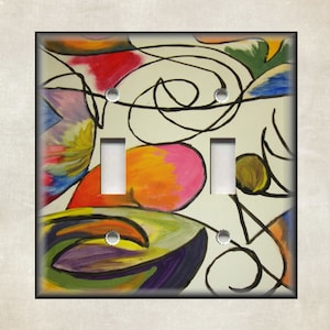May include: A light switch cover with an abstract design featuring colorful swirls, lines, and shapes in shades of red, pink, orange, yellow, green, blue, and purple.