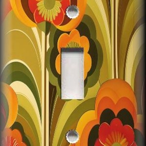 May include: A decorative light switch cover featuring a retro floral design. The cover has a vibrant color palette of orange, red, green, and brown. The design includes stylized flowers and leaves, with a single light switch opening and two screw holes.