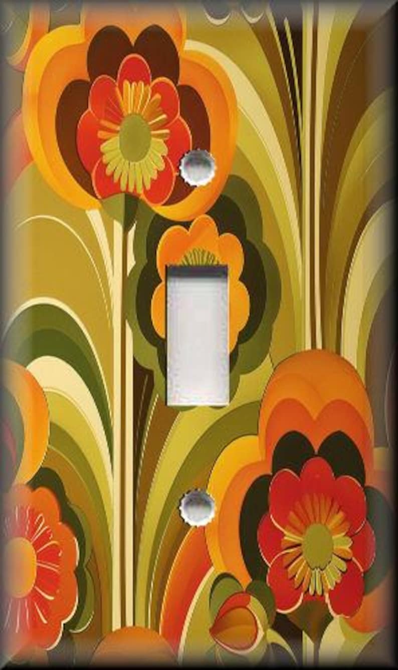 May include: A decorative light switch cover featuring a retro floral design. The cover has a vibrant color palette of orange, red, green, and brown. The design includes stylized flowers and leaves, with a single light switch opening and two screw holes.
