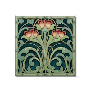 May include: A square ceramic tile with a floral design. The tile features a stylized floral motif with three pink and white flowers with green leaves and stems. The background is a deep teal blue.