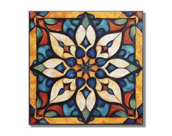 May include: A colorful geometric pattern with a central star shape. The pattern is made up of blue, yellow, red, and green colors. The design is reminiscent of stained glass.