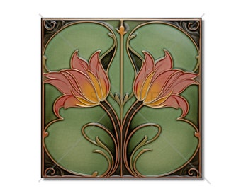Vintage Art Nouveau Design Ceramic Tile Pink And Green Tile - Bathroom Tile - Antique Reproduction Tile Backsplash Tile Fireplace Tile