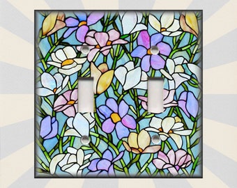 Stained Glass Design Decor Stained Glass Floral Multi Colored - Metal Light Switch Plate Cover - Switch Plates Outlet Covers - Free Shipping