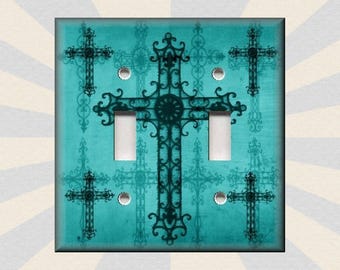 Old World Crosses Turquoise Home Decor Crosses Decor - Metal Light Switch Cover - Switch Plates Outlet Covers Triples - Free Shipping