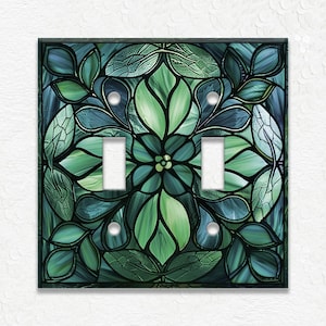 Stained Glass Flower Design Home Decor Green Blue Metal Light Switch Plate Cover - Decorative Art Nouveau Switch Plates Outlet Covers