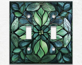 Stained Glass Flower Design Home Decor Green Blue Metal Light Switch Plate Cover - Decorative Art Nouveau Switch Plates Outlet Covers