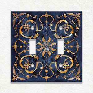 Navy Blue And Gold French Design Metal Light Switch Plate Covers And Outlet Covers - Dark Blue And Gold Switch Plates And Outlet Covers