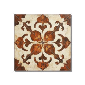 May include: A square tile with a brown and white geometric pattern. The pattern is a stylized floral design with a central motif of a four-pointed star.