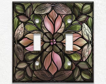 Stained Glass Flower Design Home Decor Green Pink Metal Light Switch Plate Cover - Decorative Art Nouveau Switch Plates Outlet Covers