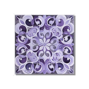 May include: A purple and white mandala pattern with intricate details. The design is symmetrical and features a central flower with swirling patterns.