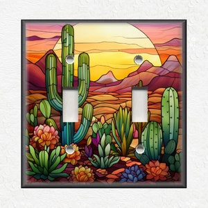 Cactus Desert Sunset Stained Glass Design Home Decor Cactus Decor - Metal Light Switch Plate Cover - Cactus Switch Plates Outlet Covers
