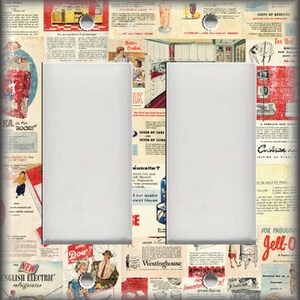 May include: A vintage-style light switch plate featuring a collage of retro advertisements. The plate has two switch openings and is surrounded by images of kitchen appliances, food, and household products. The text on the advertisements includes "New English Electric refrigerator", "Westinghouse", "Jell-O", and "Dow?"