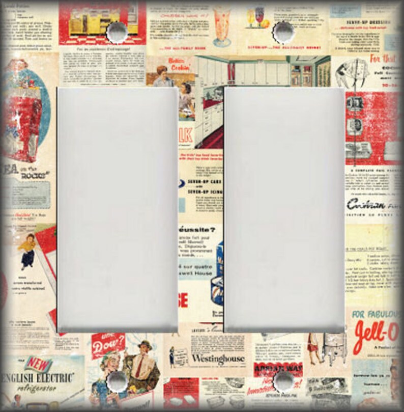 May include: A vintage-style light switch plate featuring a collage of retro advertisements. The plate has two switch openings and is surrounded by images of kitchen appliances, food, and household products. The text on the advertisements includes "New English Electric refrigerator", "Westinghouse", "Jell-O", and "Dow?"