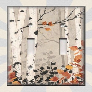 May include: A light switch cover featuring a watercolor painting of birch trees with fall foliage in shades of orange, yellow, and brown.