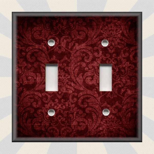 Vintage Aged Damask Home Decor Dark Red - Metal Light Switch Plate Cover - Switch Plates And Outlet Covers Triples - Free Shipping