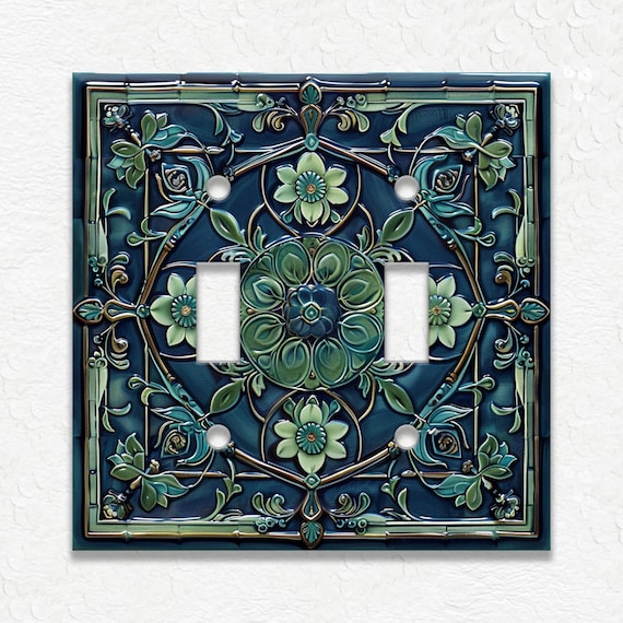 Blue And Green Vintage Art Nouveau Design Metal Light Switch Plate Covers And Outlet Covers - Antique Design Decor - Art Nouveau Home Decor
