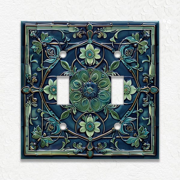 Blue And Green Vintage Art Nouveau Design Metal Light Switch Plate Covers And Outlet Covers - Antique Design Decor - Art Nouveau Home Decor