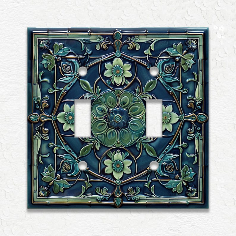 Blue And Green Vintage Art Nouveau Design Metal Light Switch Plate Covers And Outlet Covers - Antique Design Decor - Art Nouveau Home Decor Bild 1