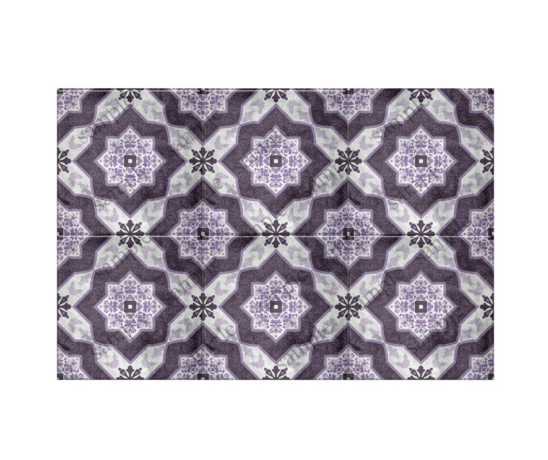 May include: Purple and white patterned tile with a geometric design. The tile has a distressed look, giving it a vintage feel.