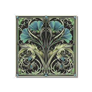 May include: A square art print with a decorative design featuring stylized flowers in shades of blue and green. The design is framed with a border of gold and green.