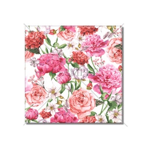 May include: A square floral pattern featuring watercolor roses and peonies in shades of pink, red, and peach, with green leaves and white accents. The design is set against a white background, creating a vibrant and detailed botanical print.